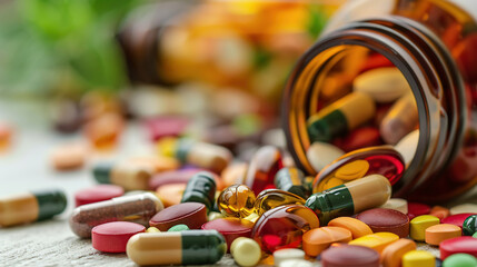 medical pills and tablets spilling out of a drug bottle. Colorful Vitamins and Supplements Spilled from a Glass Bottle