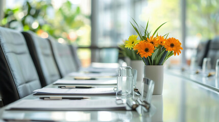 Conference Room Table Setup with Flowers and Documents