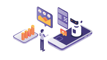 Isometric illustration of a person interacting with data charts and a robot on a smartphone
