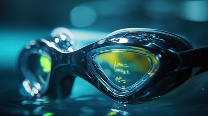 Close-up of modern swimming goggles resting on water.