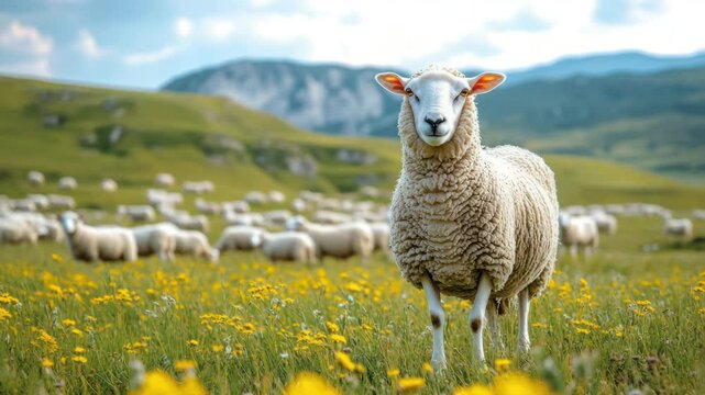 Sheep grazing in green meadow with yellow wildflowers and flock in grassland pasture under cloudy mountain sky, peaceful countryside animal nature scene with vibrant wildflower landscape