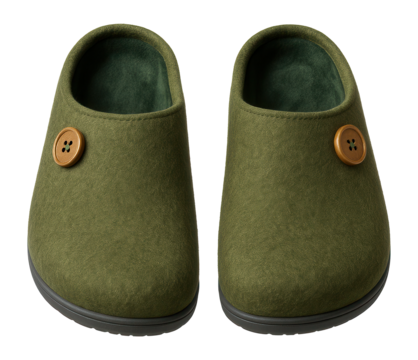 Wool felt slippers with decorative button detail in olive green
