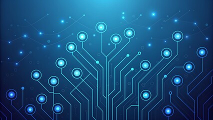 Abstract blue digital circuit board with glowing nodes and interconnected lines representing technology and data flow