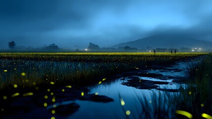 Fireflies a rice paddy field at night reflecting glow in standing water dramatic rural atmosphere with farmers in background silhouette custom night farm environment birds eye angle