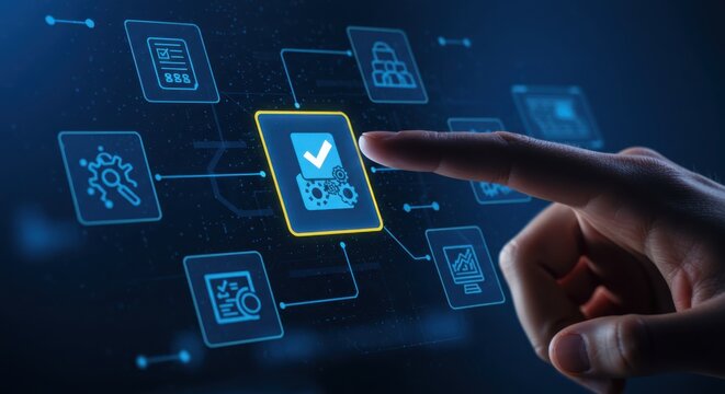 Photo of a hand touches a digital screen showing a checklist process, representing business management and technology