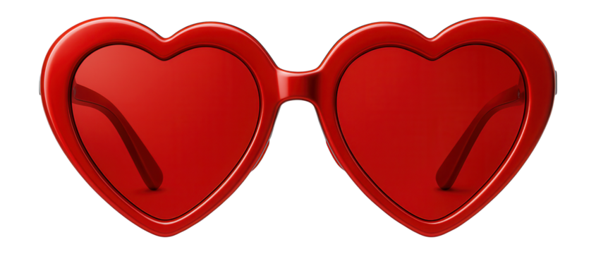 Heart-shaped sunglasses with red frames and matching red lenses