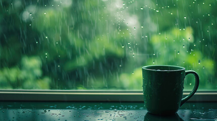 Rainy Day Window View with Green Mug
