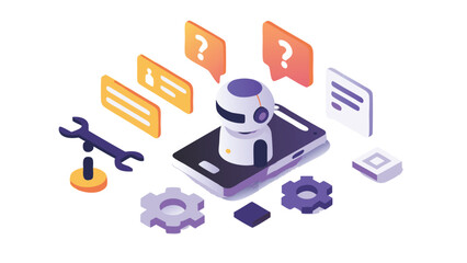 Isometric illustration of a robot on a phone with wrench gears and speech bubbles around it