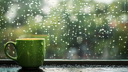 Rainy Day Window View with Green Mug