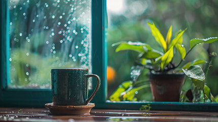 Rainy Day Window View with Green Mug