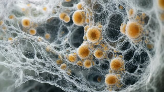Close up of white fibrous mold with orange spherical spores and web like fungal threads showing detailed texture, organic growth, and intricate spore formations in natural colors