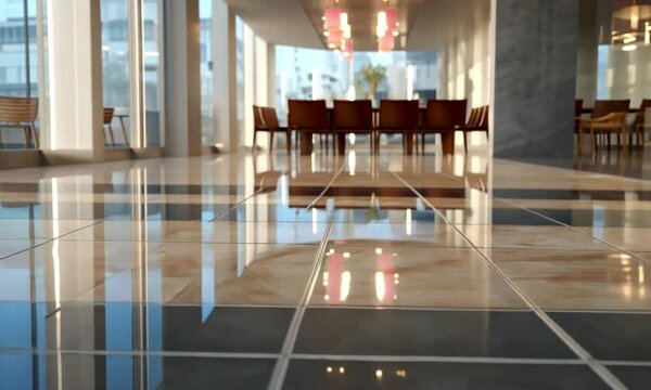 Shiny Tiled Floor Reflection in Modern Interior