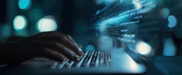The focused hands typing on a laptop with streaming digital data in a modern workspace.