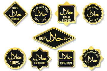 Islamic halal meal gold certified vector signs. Arabic kosher food products market labels isolated on background