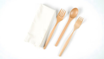 A fork and knife and spoon are placed beside a neatly folded napkin on a white surface.
