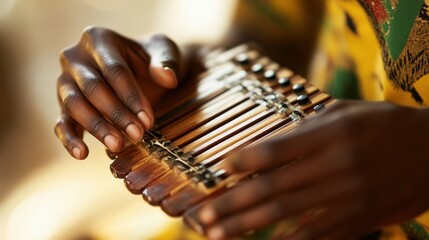 Close-up of hands playing a wooden musical instrument.