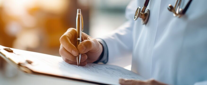 The doctor writing patient notes with a pen in a medical office setting.