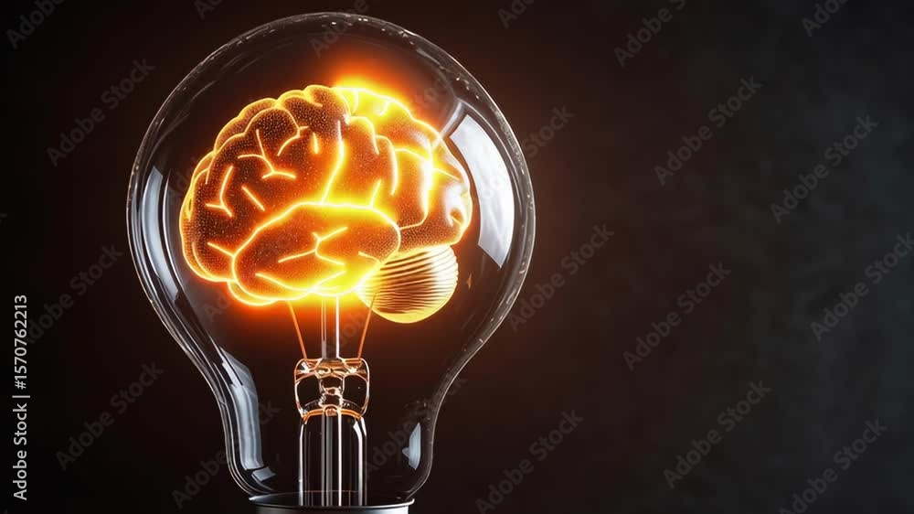 Poster a light bulb with a brain inside of it. the light bulb is lit up and the brain is glowing. concept o