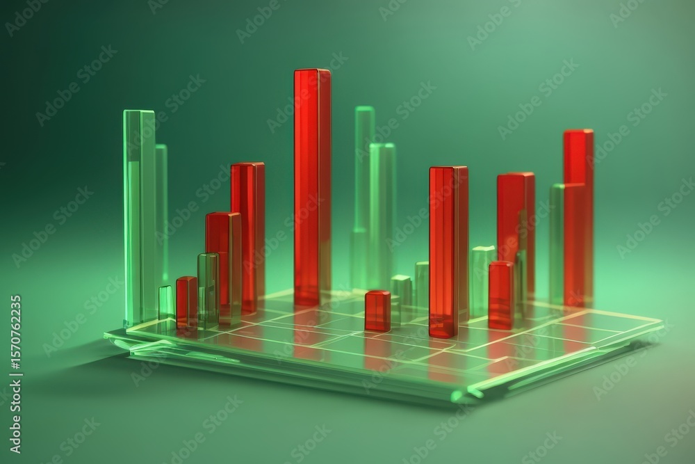 Poster glass bar chart on a grid base shows red green columns against a green background reflecting light s