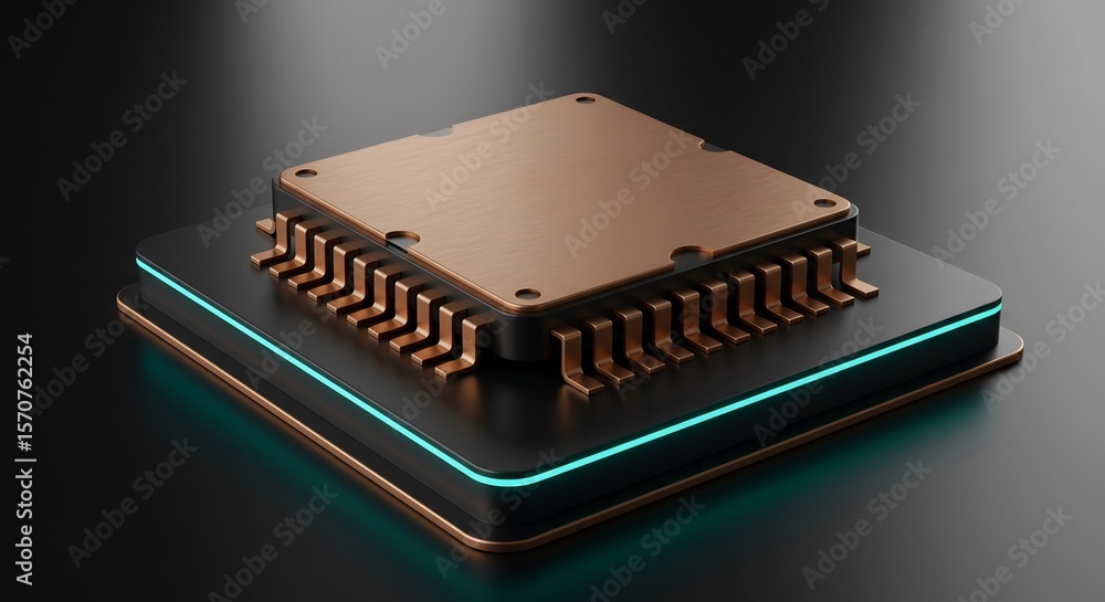 Poster rendering of a computer chip with copper and light accents