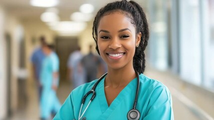 Smiling nurse in turquoise and green scrubs with stethoscope stands confidently in hospital corridor showcasing professionalism and calm in medical healthcare clinic environment