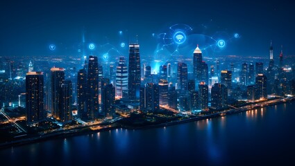 Obraz premium city skyline, urban landscape, futuristic cityscape, glowing skyscrapers, night scene,