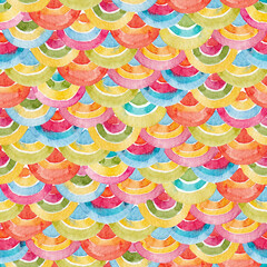 Abstract wallpaper with scales. Rainbow half-circular pattern. Watercolor hand drawn Background and wallpaper red design style. © zenina