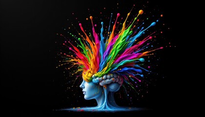 creative eruption concept: a burst of color and creativity explodes from the brain, pouring onto a black background in a cascade of paint splashes, the subject, an artists brain