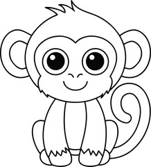 Obraz premium Cute cartoon outline of a happy monkey sitting with big eyes and a curly tail isolated on white background
