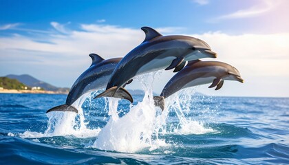 Fototapeta premium Dolphins Jumping in Blue Ocean