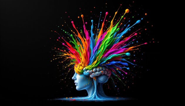 creative eruption concept: a burst of color and creativity explodes from the brain, pouring onto a black background in a cascade of paint splashes, the subject, an artists brain