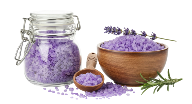 Lavender bath salts in glass jar and wooden bowl isolated on a transparent background