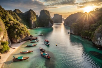 Aerial view of a tropical bay with emerald cliffs, turquoise sea, and boats by a hidden beach at sunset-serene, dreamy, and perfect for travel, nature, and exotic getaway themes