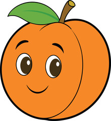 Obraz premium Cute cartoon apricot with a happy face and a green leaf on a white background