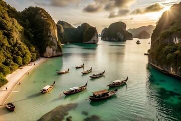Aerial view of a tropical bay with emerald cliffs, turquoise sea, and boats by a hidden beach at sunset-serene, dreamy, and perfect for travel, nature, and exotic getaway themes