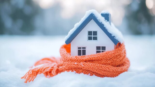 Miniature house covered with snow wrapped warm orange scarf snowy ground symbolizing winter warmth cozy home feeling small house model wrapped orange knitted scarf covered with snow winter day
