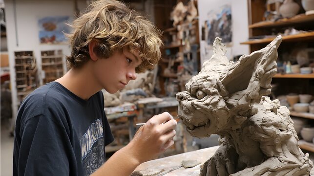 Teenager sculpting a gargoyle statue in a pottery studio with tools. - Powered by Adobe