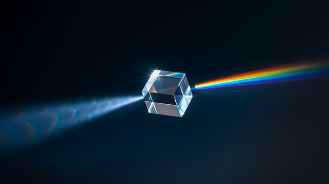 Clear glass prism refracts white light into a vibrant rainbow spectrum on dark background