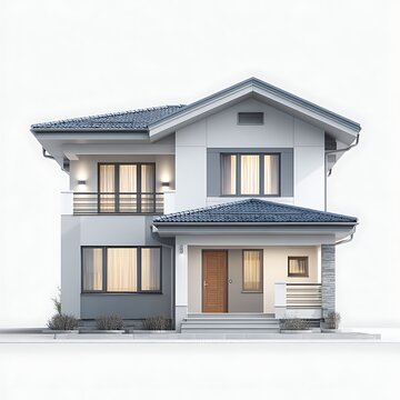 Modern Farmhouse Exterior at Dusk with Warm Interior Light, A stunning, contemporary farmhouse design, rendered at dusk.