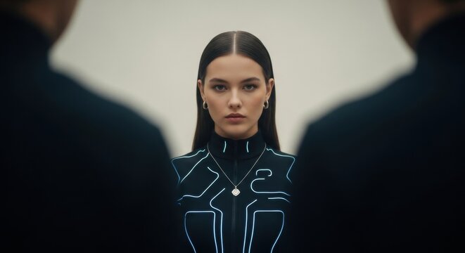Futuristic fashion portrait featuring woman in led light outfit reflects modern style