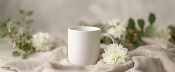 The elegant white mug surrounded by soft flowers and greenery on a tranquil backdrop