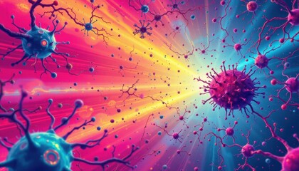 d illustration of neurons and synapses in outer space neural connections and radioactivity in the mind concept, with bold magenta tones, subject on right, copy space left