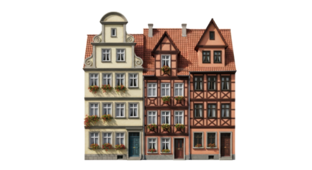 European timber frame houses with flower boxes isolated on a transparent background