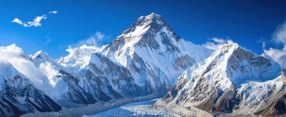 Experience the breathtaking beauty of a snow-capped mountain range under a clear blue sky, showcasing the grandeur of nature's remote wilderness.