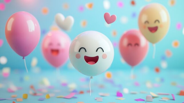 Bright and cheerful balloons with happy faces float against a pastel background sprinkled with confetti, perfect for celebratory themes and joyful designs. - Powered by Adobe