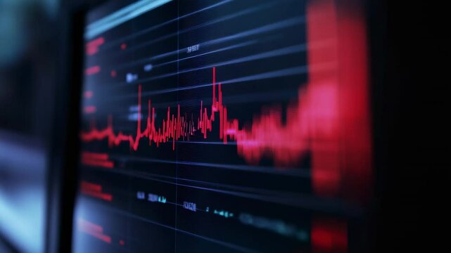 Seismic wave graph displaying escalating red oscillations, indicating heightened earthquake probability and geological vulnerability on dark monitor