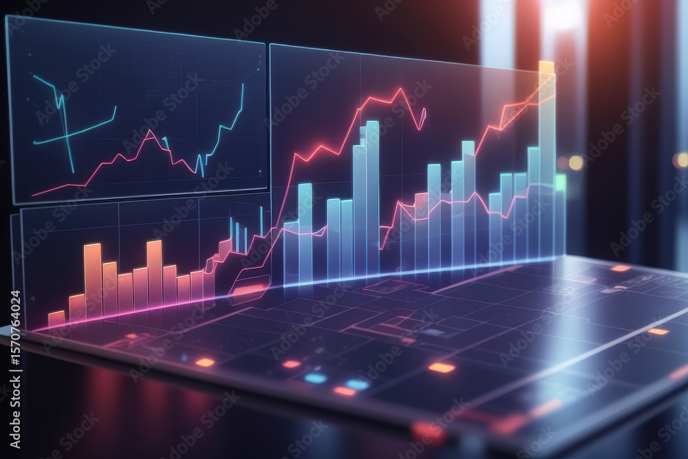 Aufkleber glowing stock charts on a sleek futuristic display show rising trends and data patterns