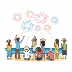 Fireworks celebration on beach with people enjoying the show