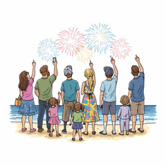 Fireworks celebration on beach with family and friends