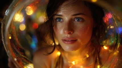 Enchanting Close-Up Portrait of Young Woman Surrounded by Colorful Lights and Bokeh Effects